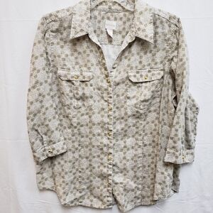 Chicos 2 Lg Tan 100% Linen Top Metal Button Blouse Geometric 3/4 Sleeve Fitted